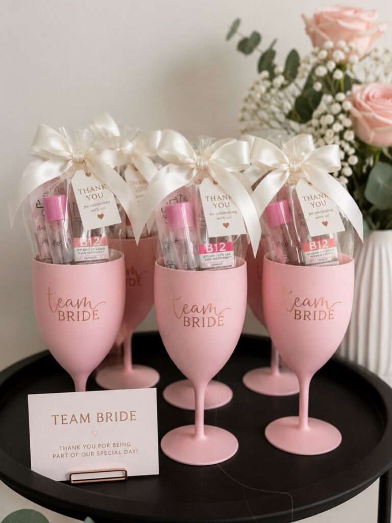Pink team bride wine glasses filled with gift bags and beauty products on tray