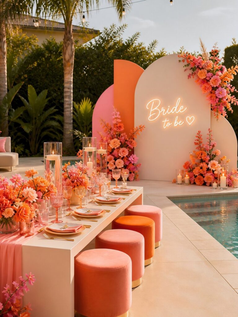 Poolside party setup with orange velvet stools and a neon Bride to be sign.