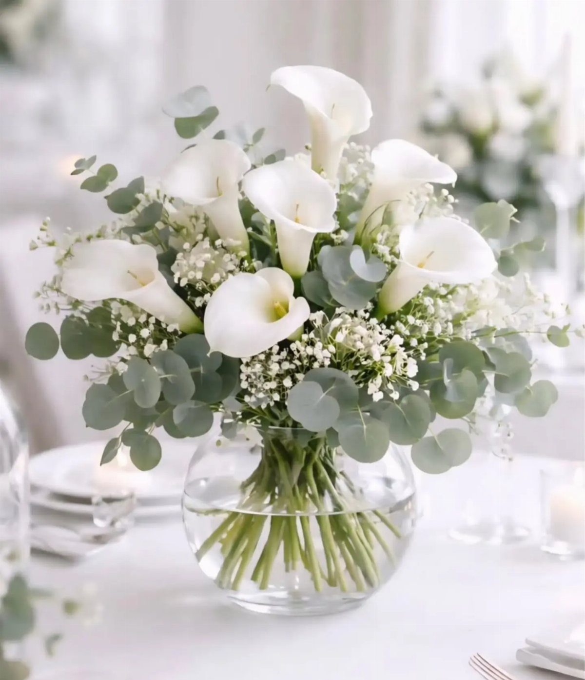 White calla lily centerpiece with eucalyptus and baby's breath in a glass bowl.