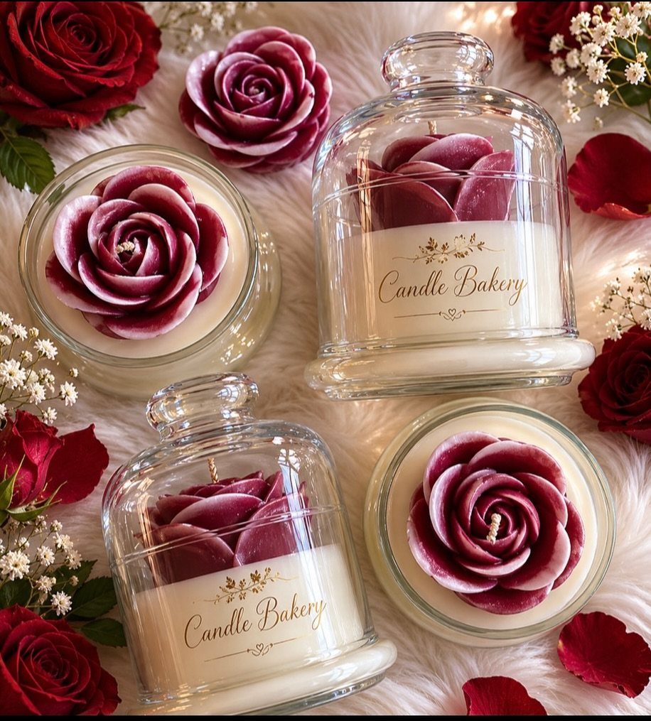 Rose-shaped red and cream candles with glass cloches and red roses on white fur.