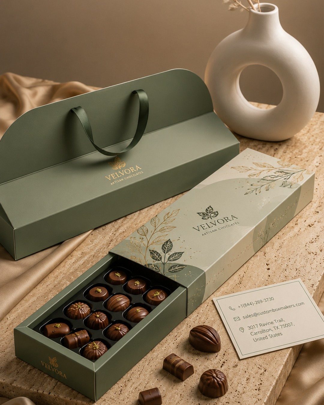 Assorted gourmet chocolates in a branded gift box with a matching green bag.