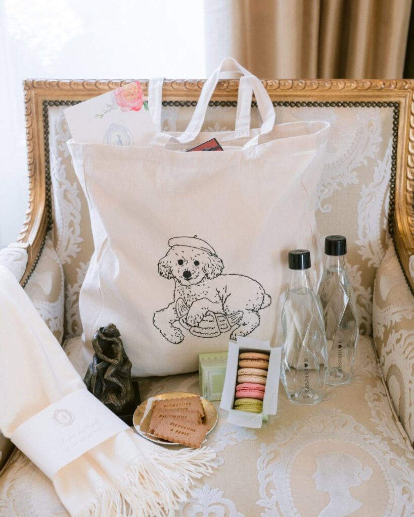 Canvas tote bag with poodle illustration and gourmet treats on a vintage chair