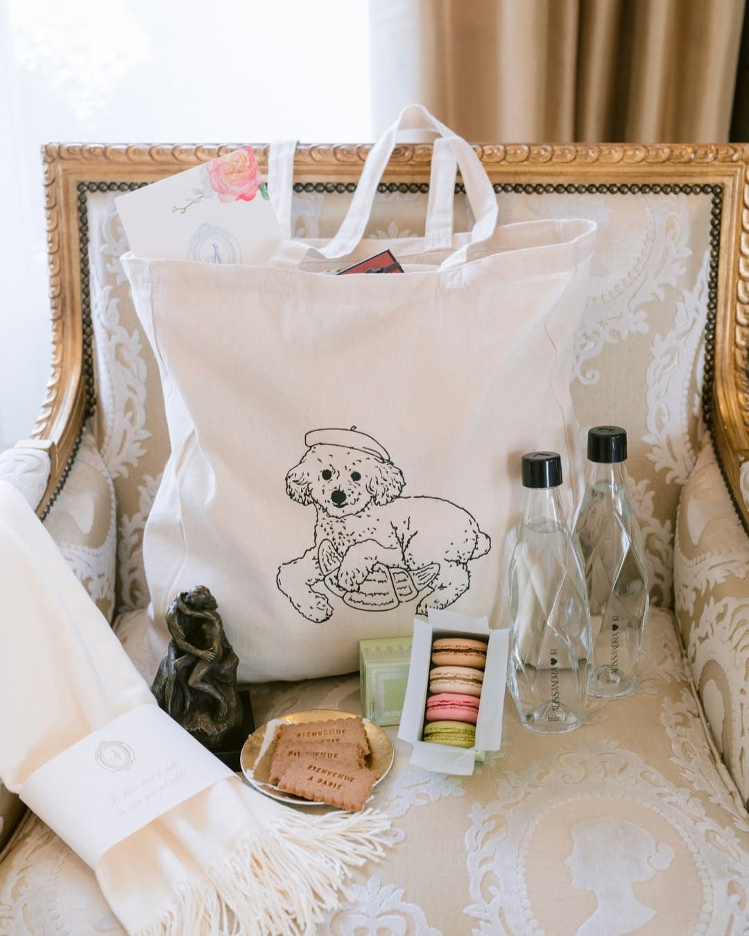 Canvas tote bag with poodle illustration and gourmet treats on a vintage chair