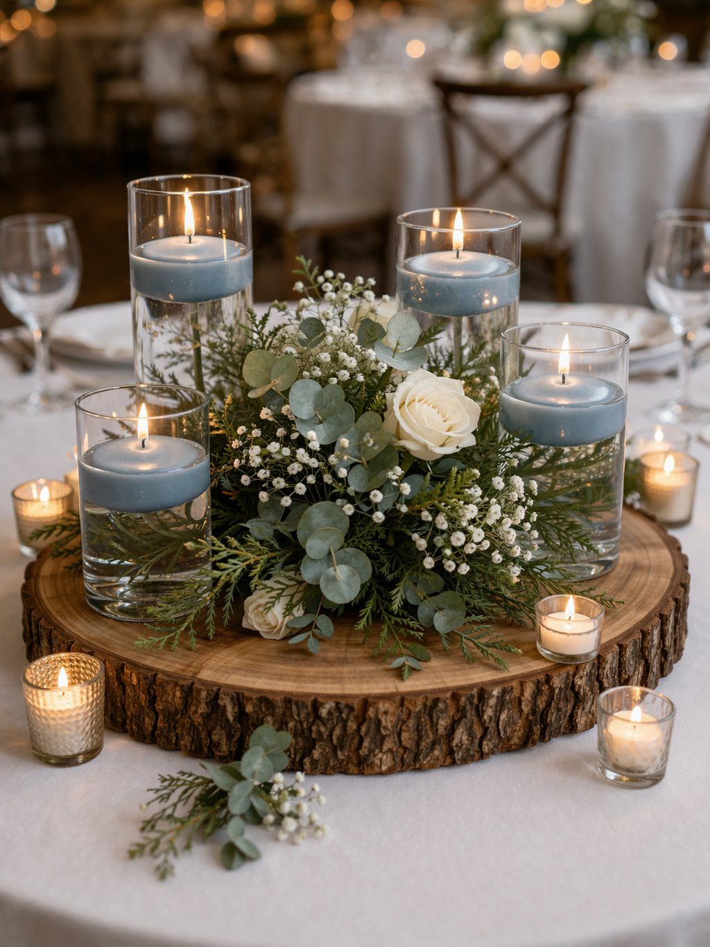 Wood slice centerpiece with floating candles, white roses, and greenery on a table