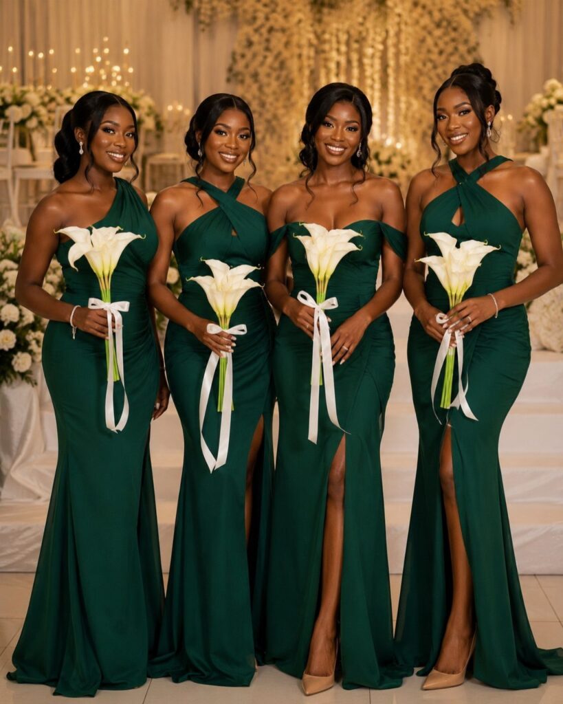 Four bridesmaids in emerald green dresses holding white calla lily bouquets indoors.