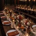 Autumn wedding table setting with orange accents, pumpkins, and flowers in a forest