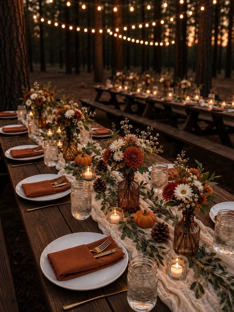 Autumn wedding table setting with orange accents, pumpkins, and flowers in a forest