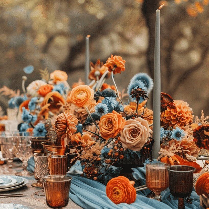 Autumn wedding table setting with orange and blue flowers, amber glasses, and candles.