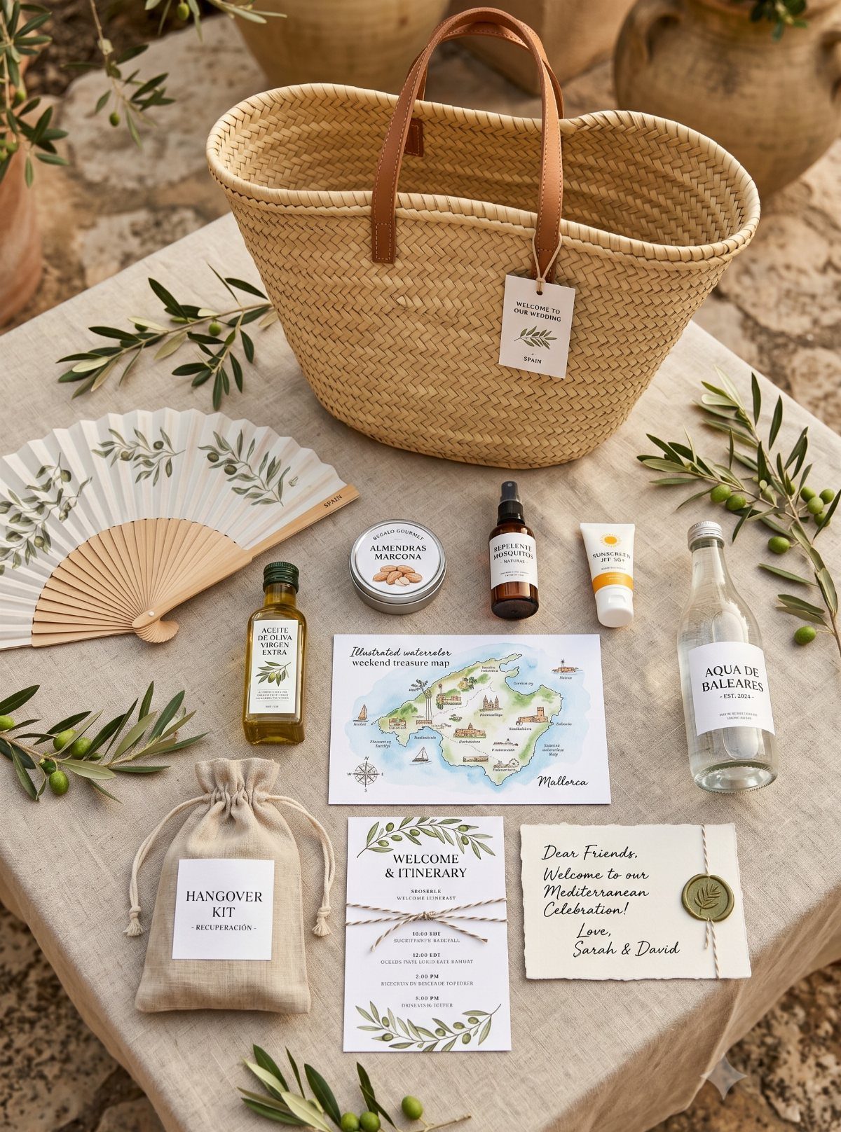 Wedding welcome favors including a straw bag, fan, and local treats on linen.