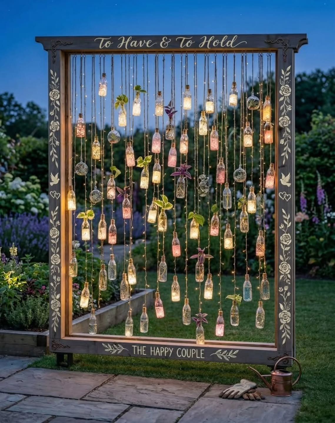 Wooden garden frame with hanging illuminated glass bottles and greenery for wedding decor
