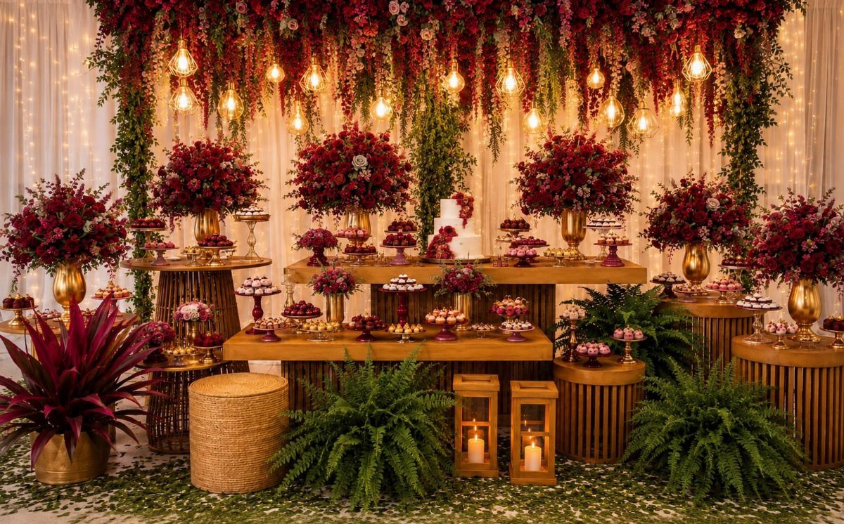 Burgundy floral arrangements and gold tables at a wedding reception with hanging lights.