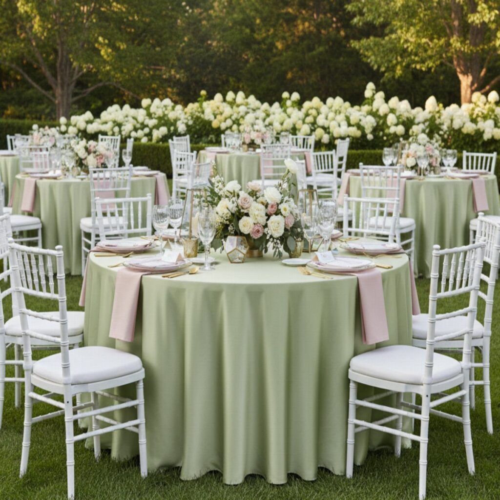 Sage green tablecloths and pink napkins on outdoor wedding tables with floral centerpieces.