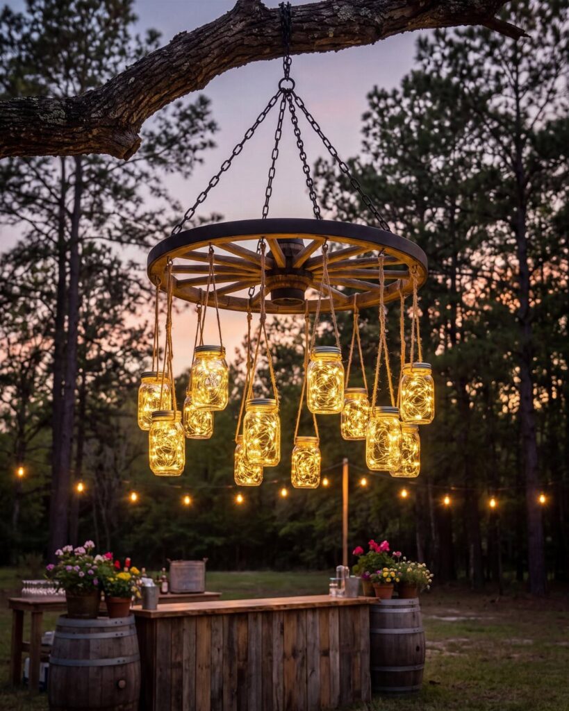 Glowing mason jars hanging from a wooden wagon wheel in a rustic outdoor setting