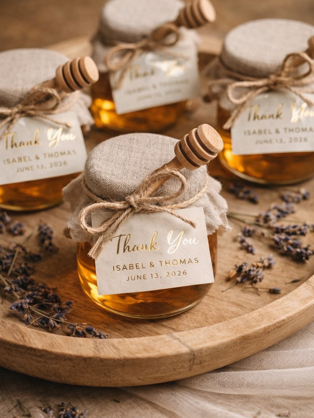 Honey jars with burlap lids and thank you labels on a wooden tray