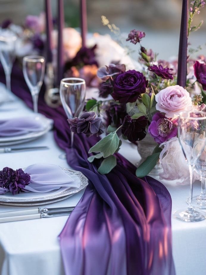 Purple satin table runner with purple roses and silver-rimmed plates for a wedding.