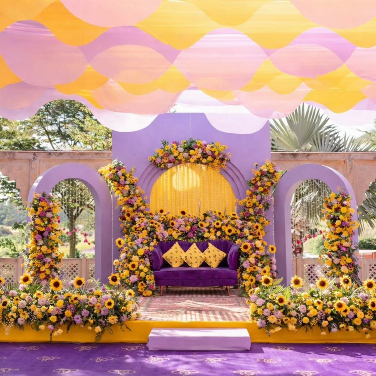 Purple sofa with yellow pillows surrounded by purple and yellow floral wedding decor.