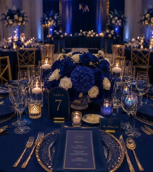 Royal blue wedding table setting with blue flowers, gold cutlery, and glowing candles.