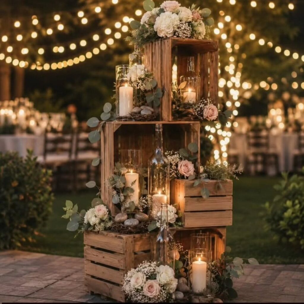 Wooden crates decorated with white roses and glowing candles under outdoor string lights.