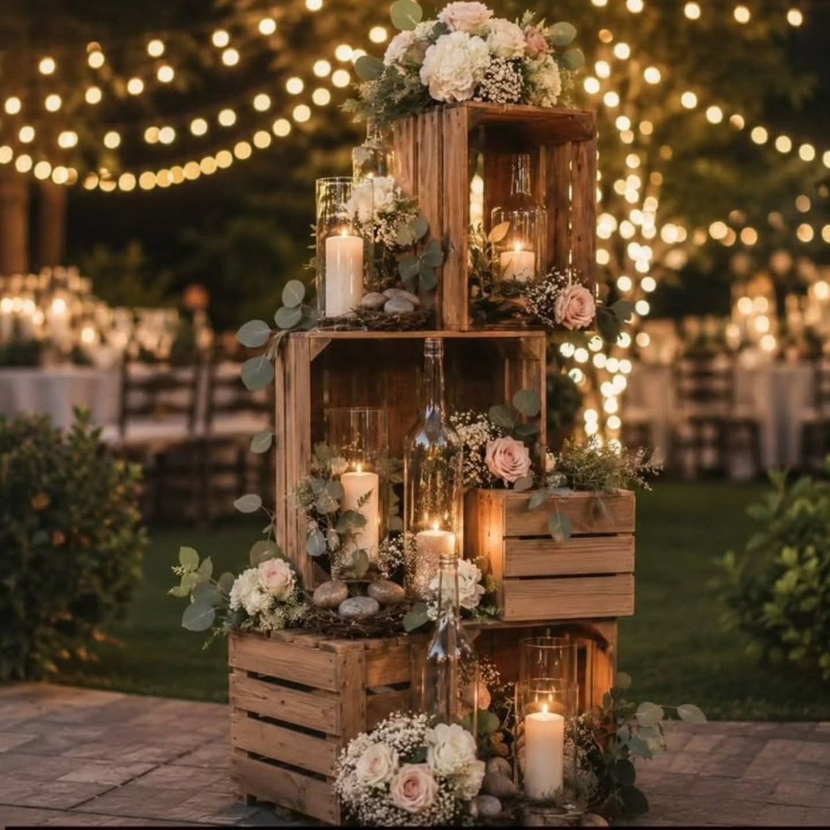 Wooden crates decorated with white roses and glowing candles under outdoor string lights.