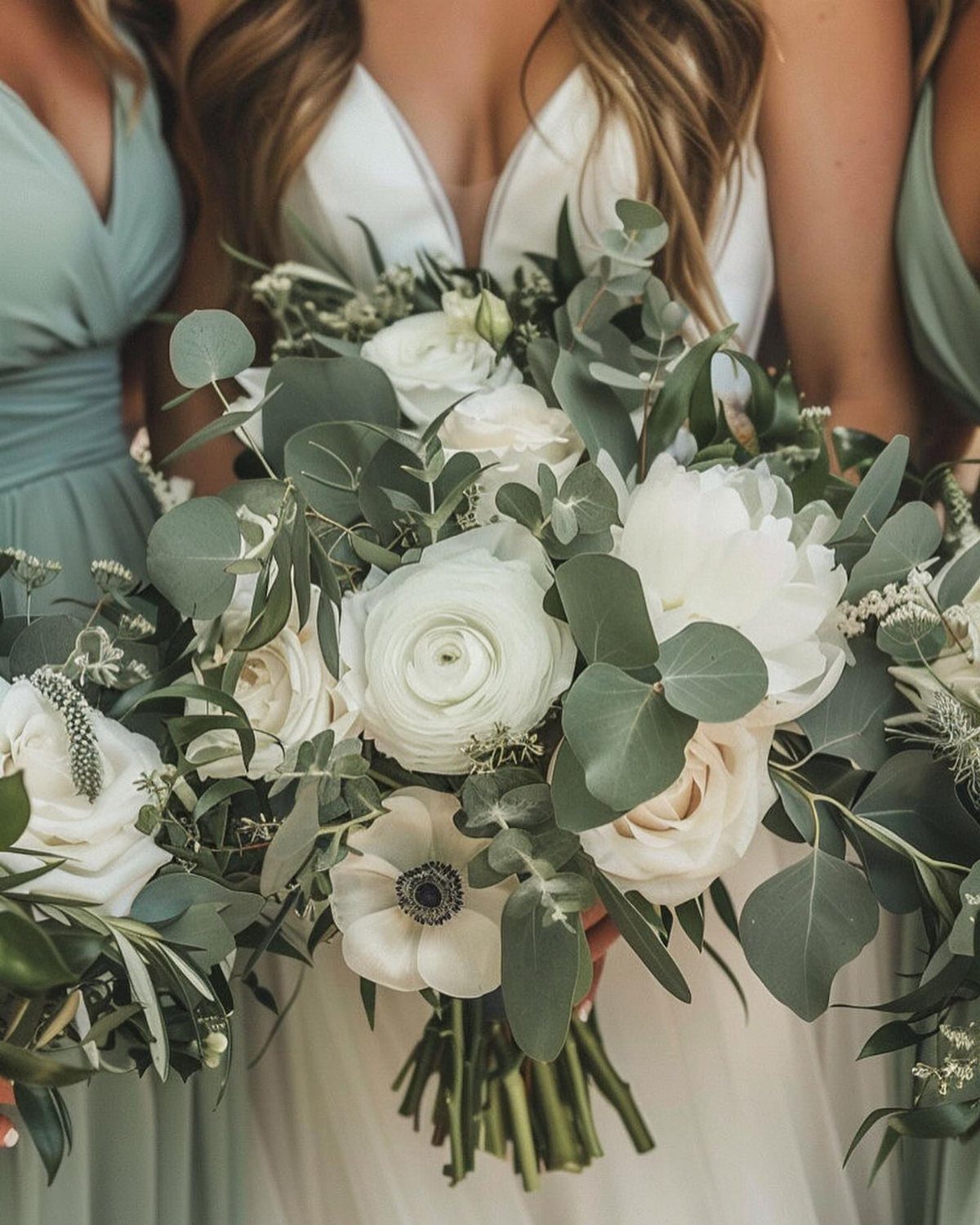 Bridal bouquet with white flowers and sage green foliage held by a bride.