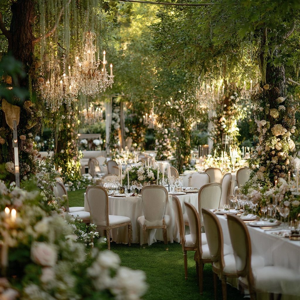 Outdoor wedding reception with white tables and chairs under trees and crystal chandeliers.