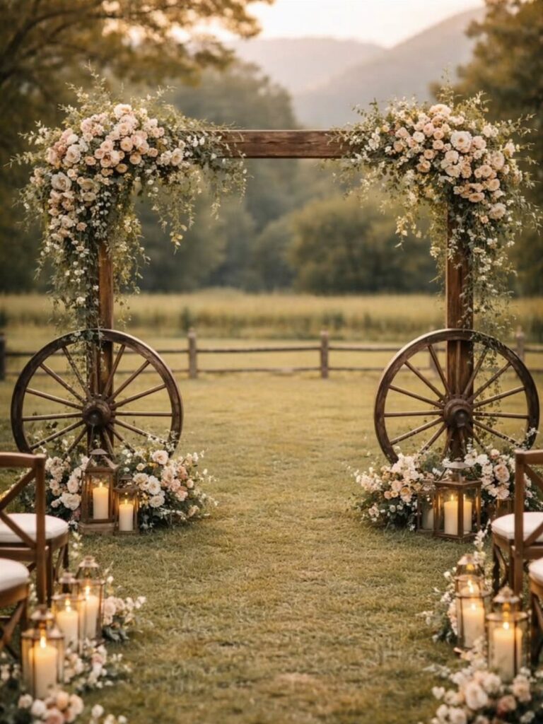 Wooden wedding arch with wagon wheels, lanterns, and pink flowers on a grassy aisle