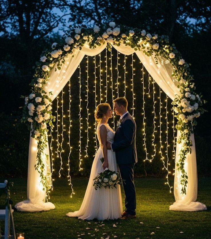Bride and groom standing under a white floral arch with hanging fairy lights.