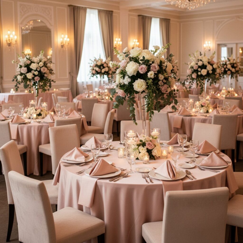 Champagne-colored table linens and blush pink floral centerpieces in a formal ballroom.