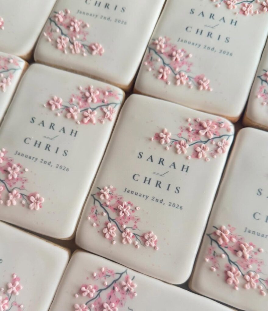 Rectangular sugar cookies with white icing, pink cherry blossoms, and wedding names.