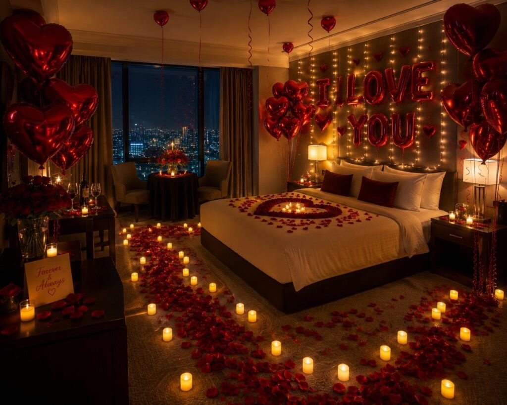 Romantic hotel room with red heart balloons, rose petals, and candles for wedding night.