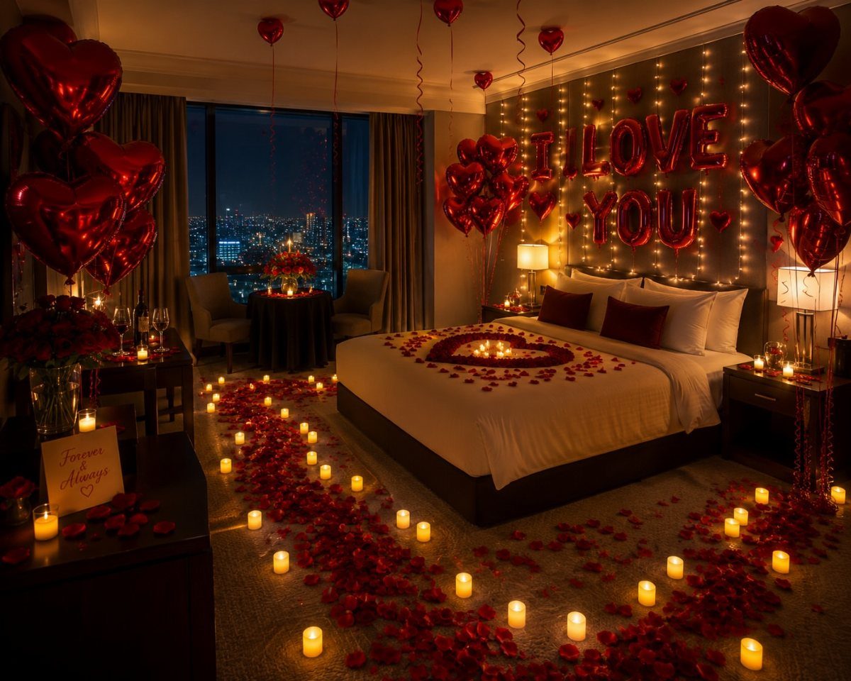 Romantic hotel room with red heart balloons, rose petals, and candles for wedding night.