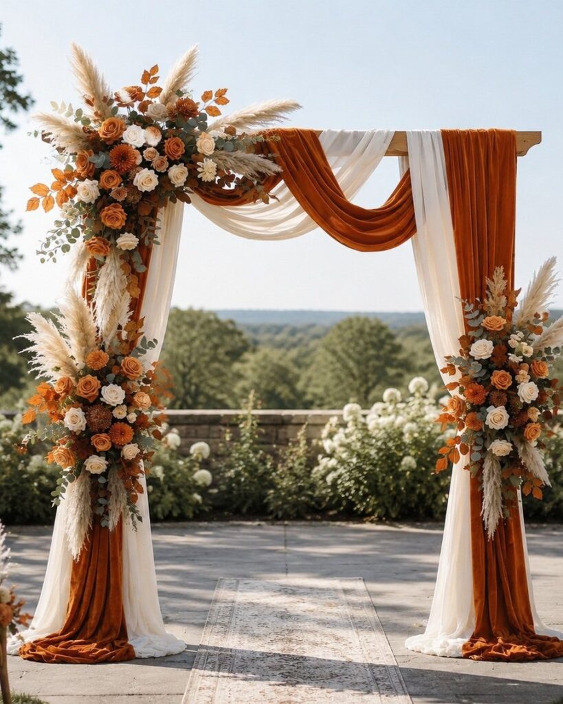 Wooden wedding arch with orange and white fabric and autumn floral arrangements.